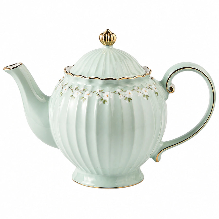 Tetera de cerámica 1.20 L verde menta con flores y tapa para té