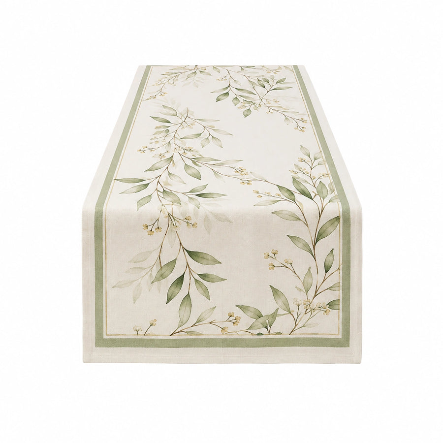 Camino de mesa 180 x 40 cm de tejido beige y verde con estampado botánico