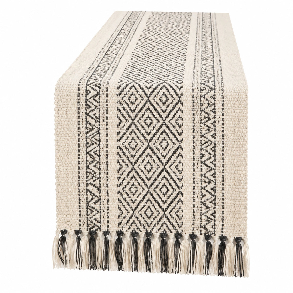 Camino de mesa 180 x 35 cm de algodón beige y negro con flecos estilo geométrico