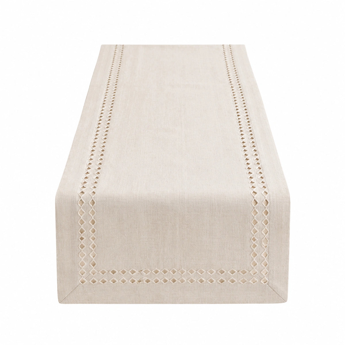 Camino de mesa 180 x 40 cm de lino beige con bordado calado decorativo