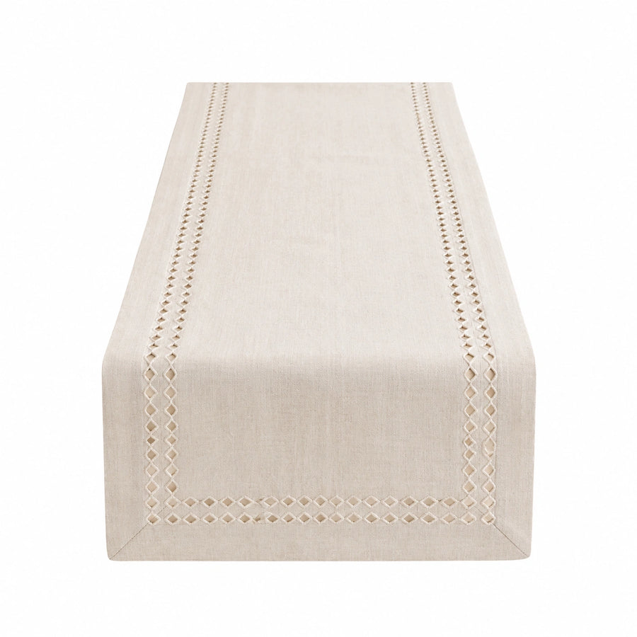 Camino de mesa 180 x 40 cm de lino beige con bordado calado decorativo