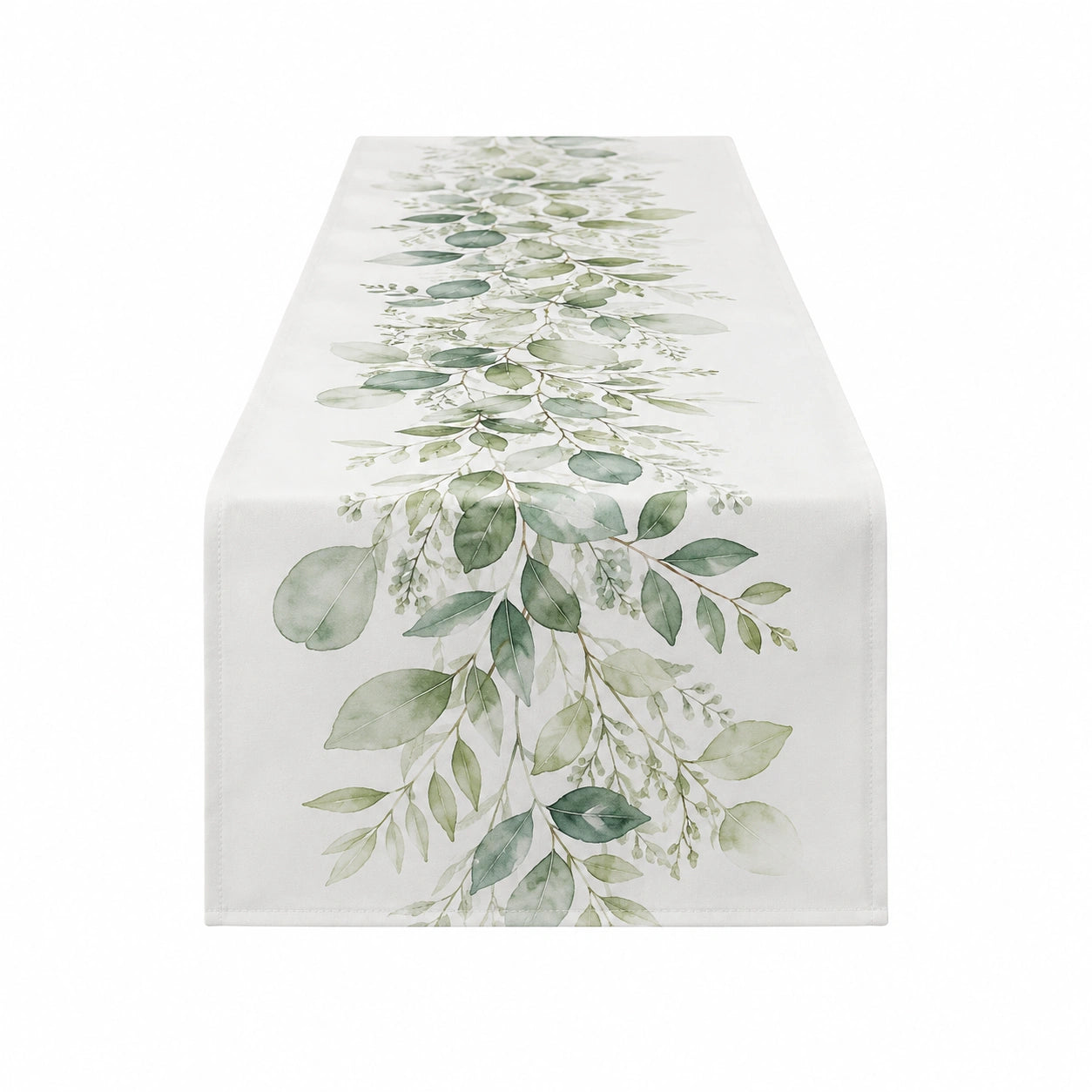 Camino de mesa 180 x 33 cm de poliéster blanco y verde con estampado vegetal