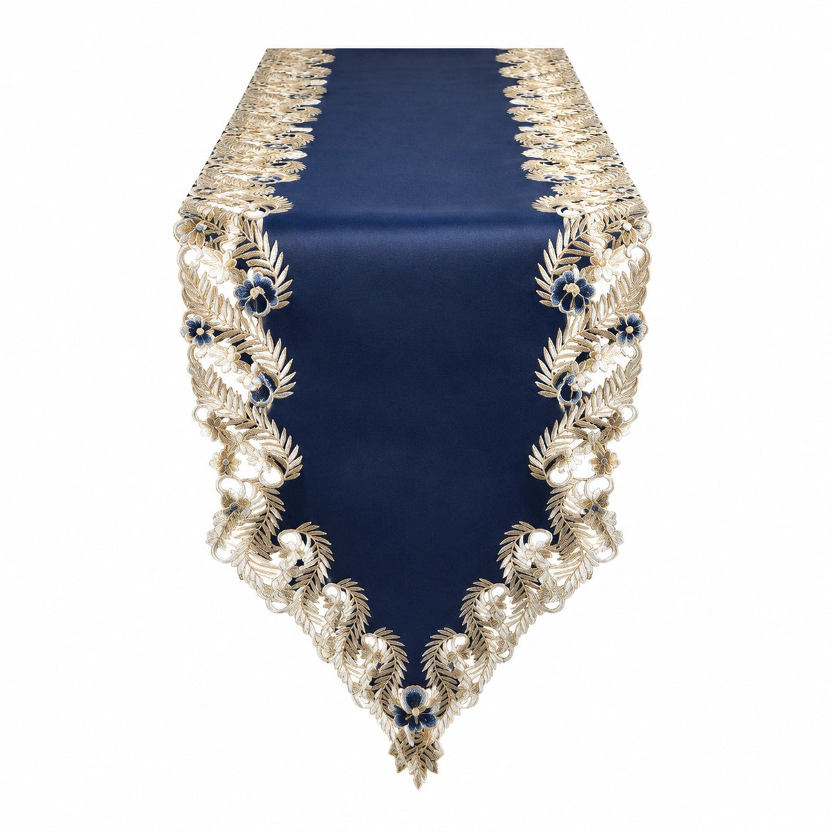 Camino de mesa 180 x 33 cm de poliéster azul marino con encaje floral decorativo