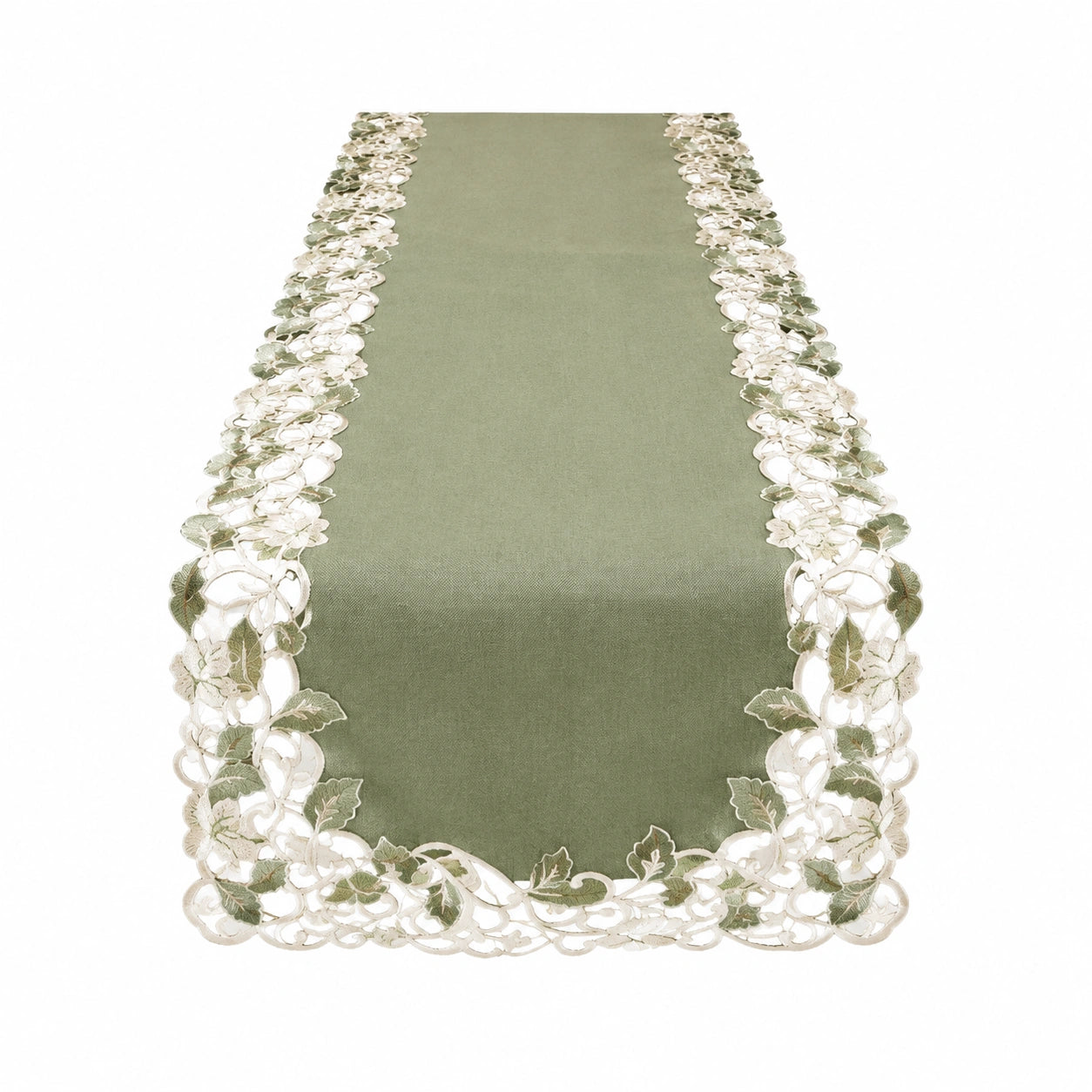 Camino de mesa 180 x 40 cm de poliéster verde con encaje floral clásico