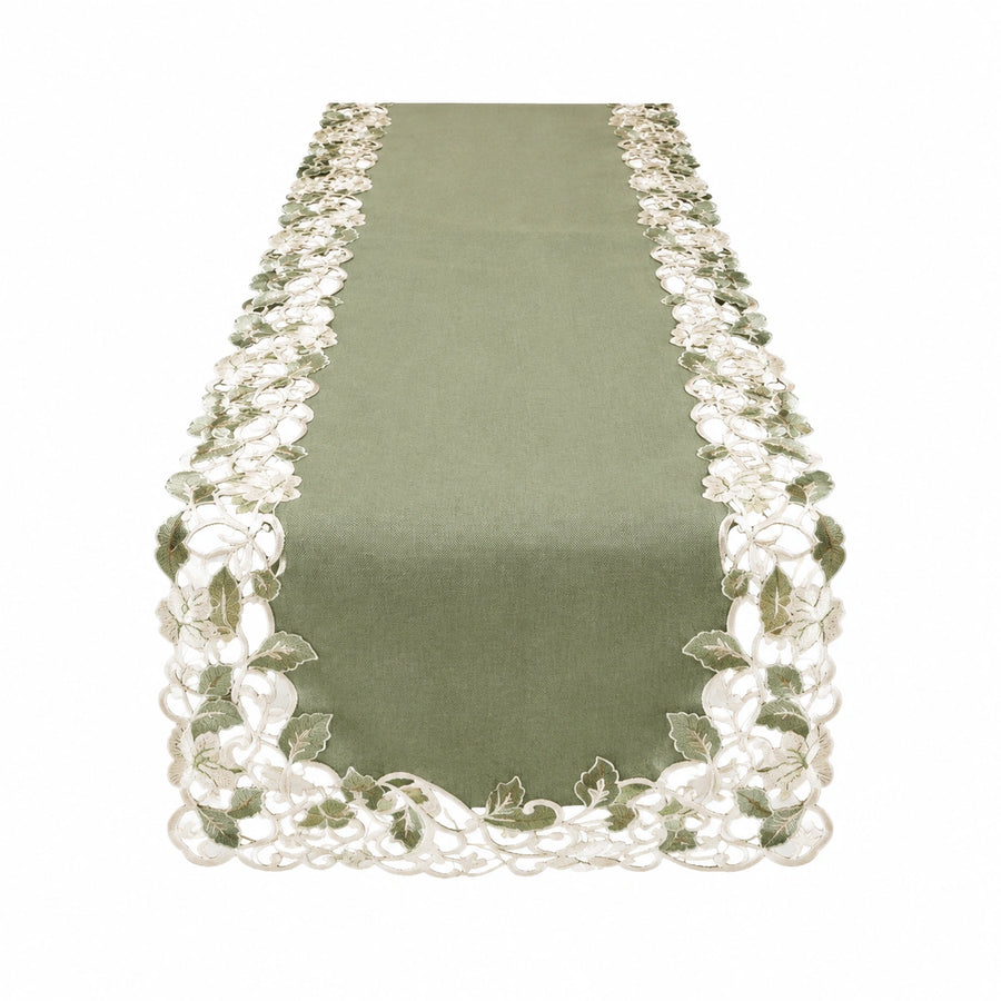 Camino de mesa 180 x 40 cm de poliéster verde con encaje floral clásico