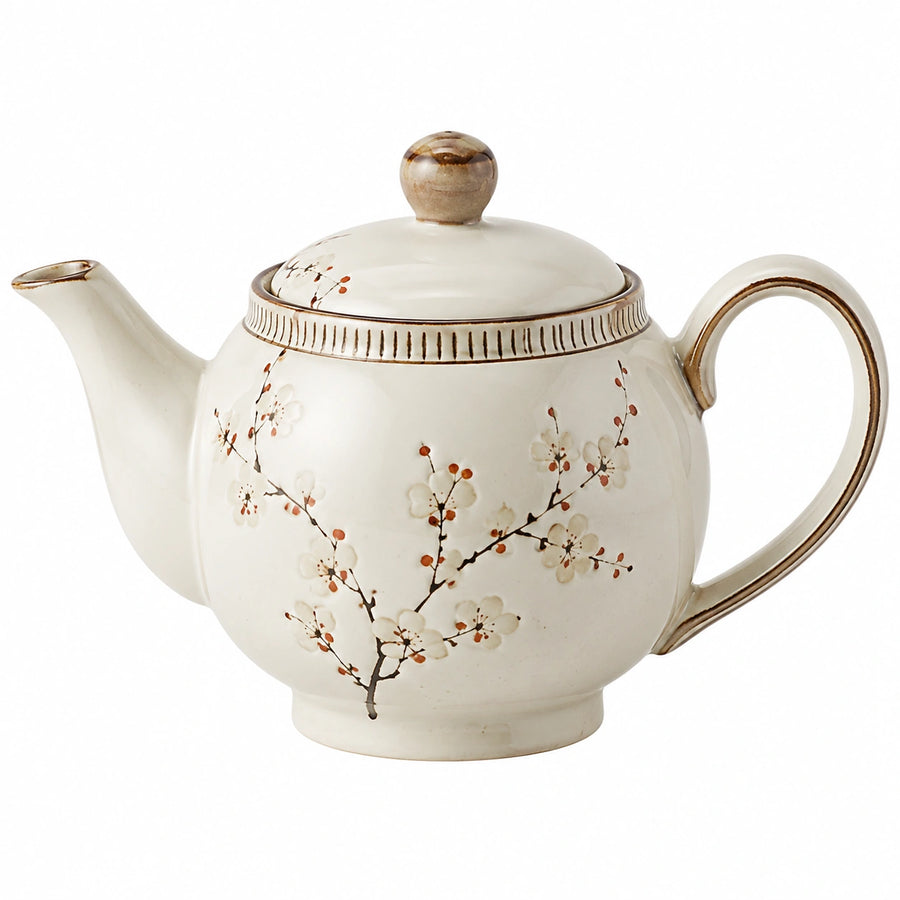 Tetera de cerámica 1.00 L crema con diseño floral y tapa para té