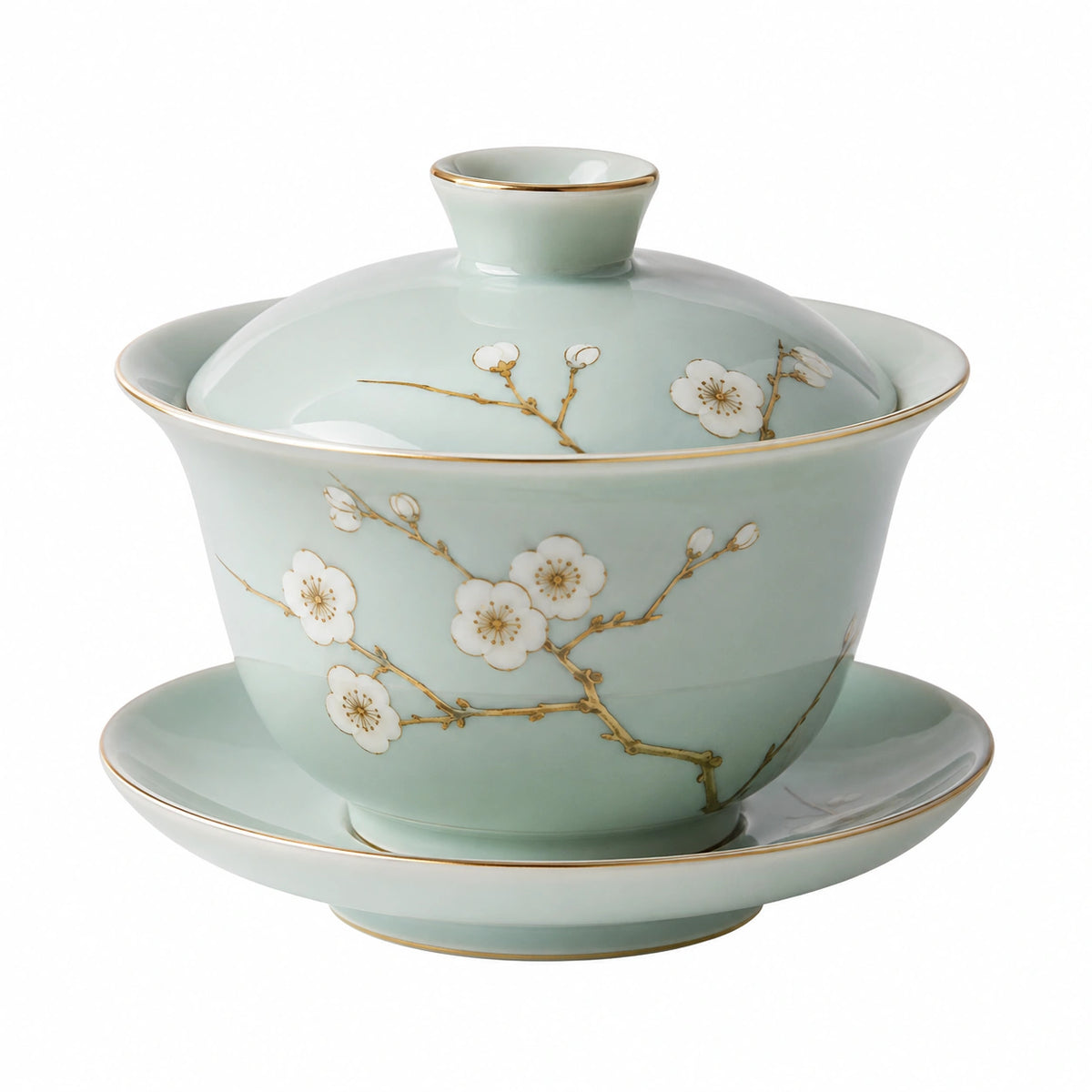 Taza de té gaiwan 150 ml de cerámica verde con tapa y platillo floral
