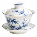 Taza gaiwan de porcelana 120 ml blanca y azul con tapa y platillo para té