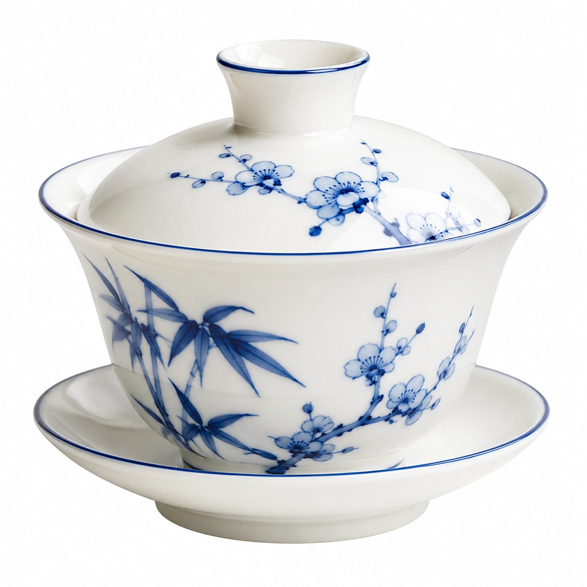 Taza gaiwan de porcelana 120 ml blanca y azul con tapa y platillo para té