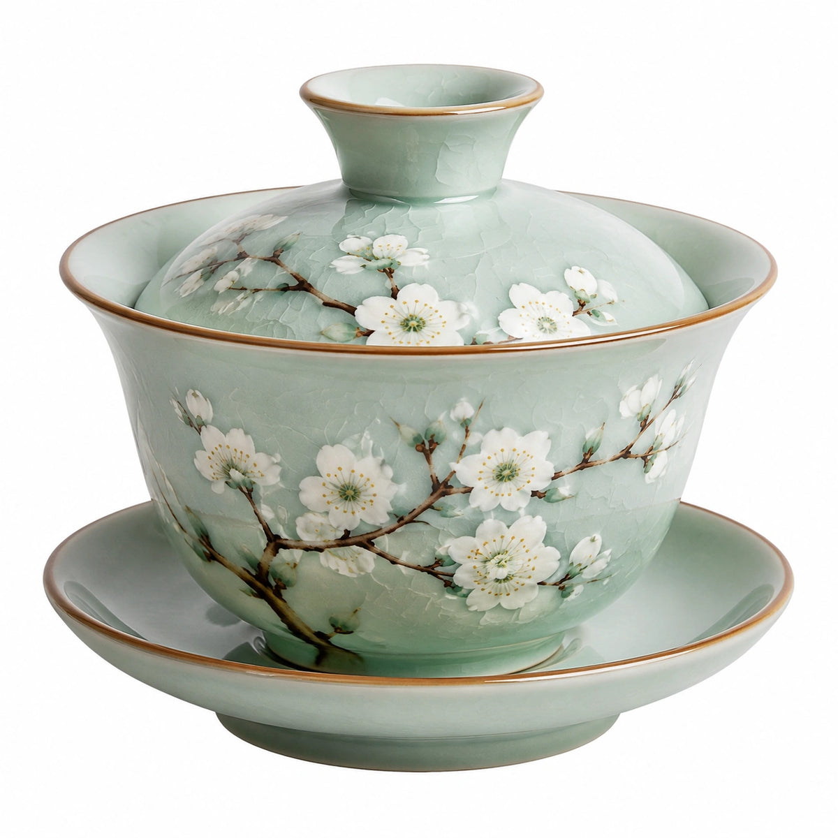 Tazón gaiwan de té 150 ml de cerámica verde celadón con tapa y platillo floral