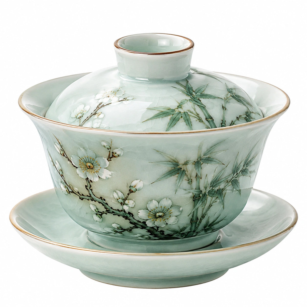 Gaiwan de té 180 ml de cerámica verde con tapa y platillo floral