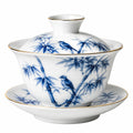 Tetera gaiwan de porcelana 180 ml azul y blanco con plato y tapa estilo oriental