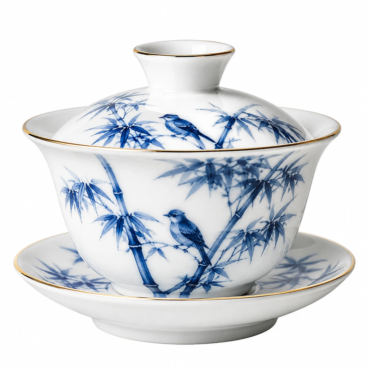 Tetera gaiwan de porcelana 180 ml azul y blanco con plato y tapa estilo oriental