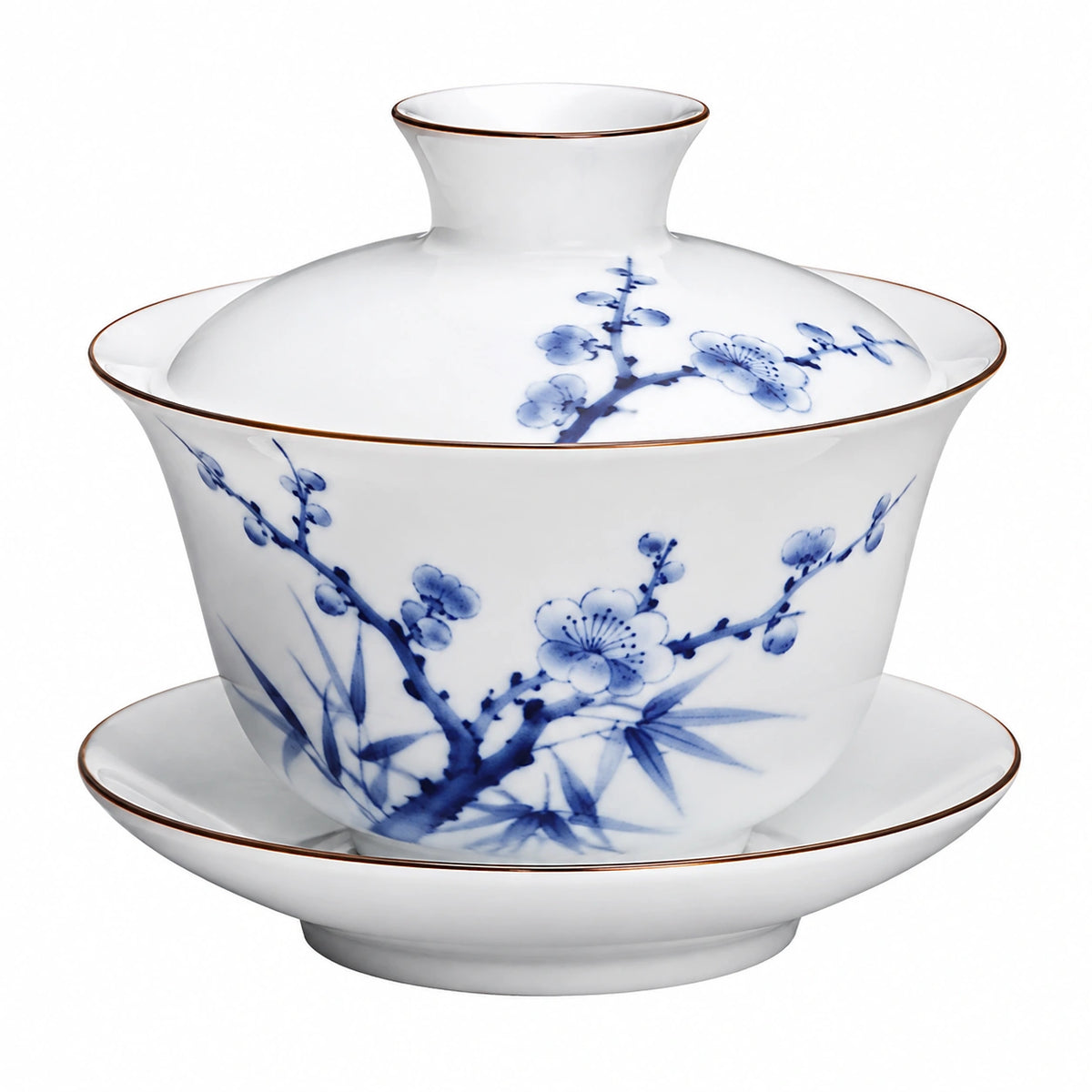 Taza gaiwan de porcelana 180 ml azul y blanca con platillo y tapa estilo tradicional