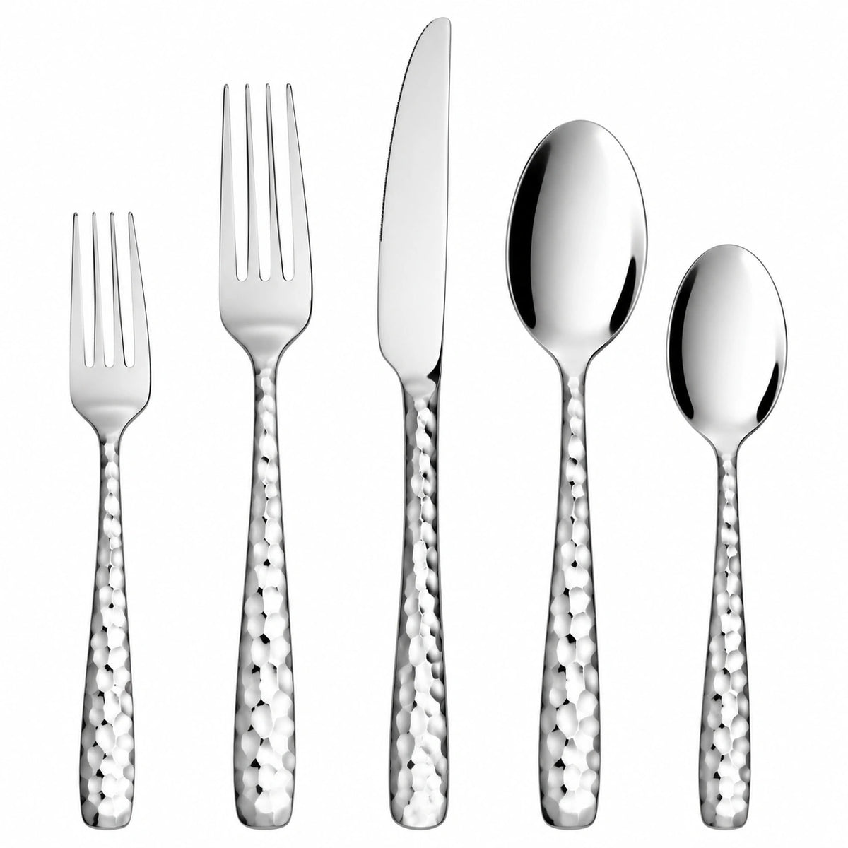 Juego de cubiertos de 5 piezas de acero inoxidable plateado para mesa con acabado martillado 22.5 cm
