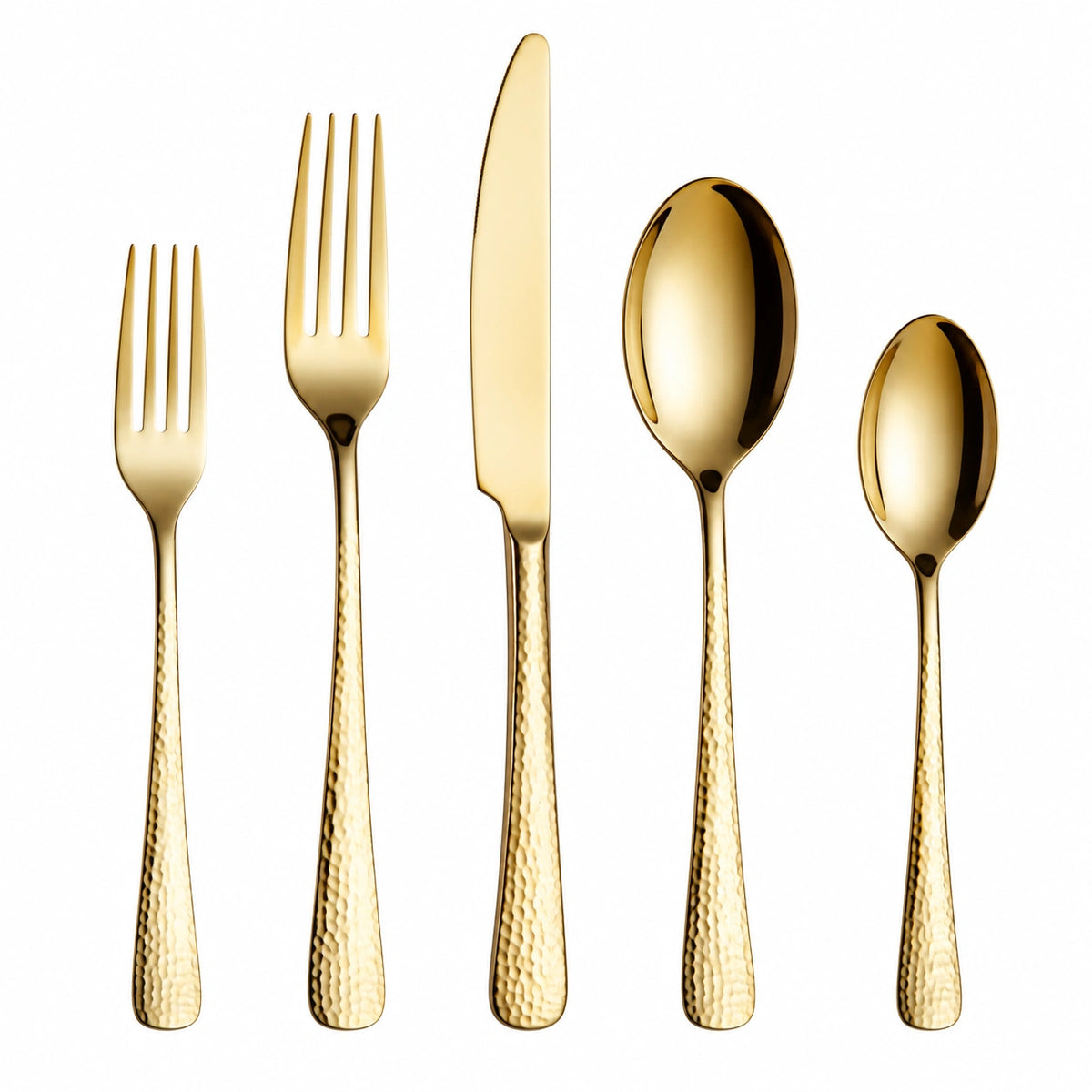 Juego de cubiertos 5 piezas acero inoxidable dorado acabado martillado para mesa