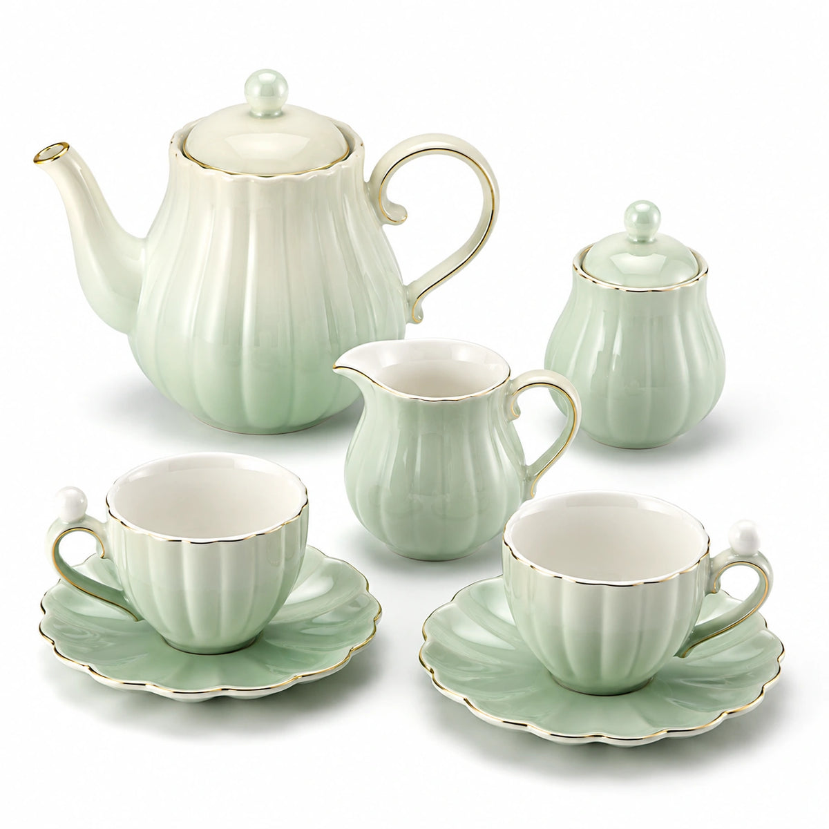 Juego de té de porcelana para 2 personas verde menta con ribete dorado