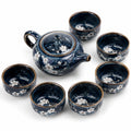 Juego de té de cerámica azul con 6 tazas y tetera floral - 850 ml