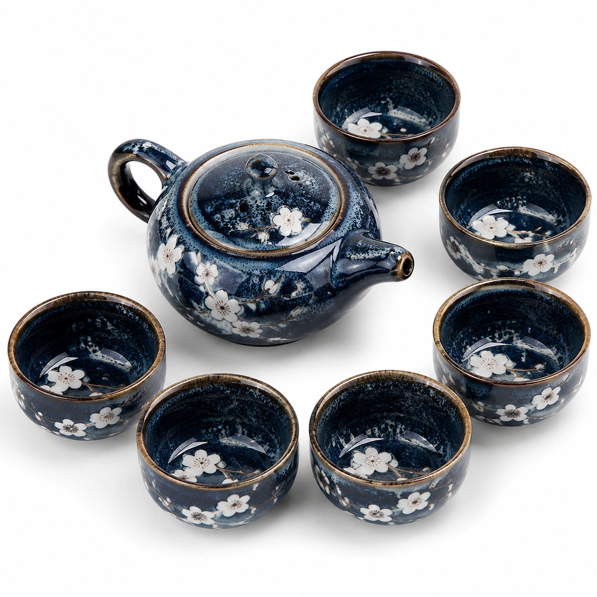 Juego de té de cerámica azul con 6 tazas y tetera floral - 850 ml