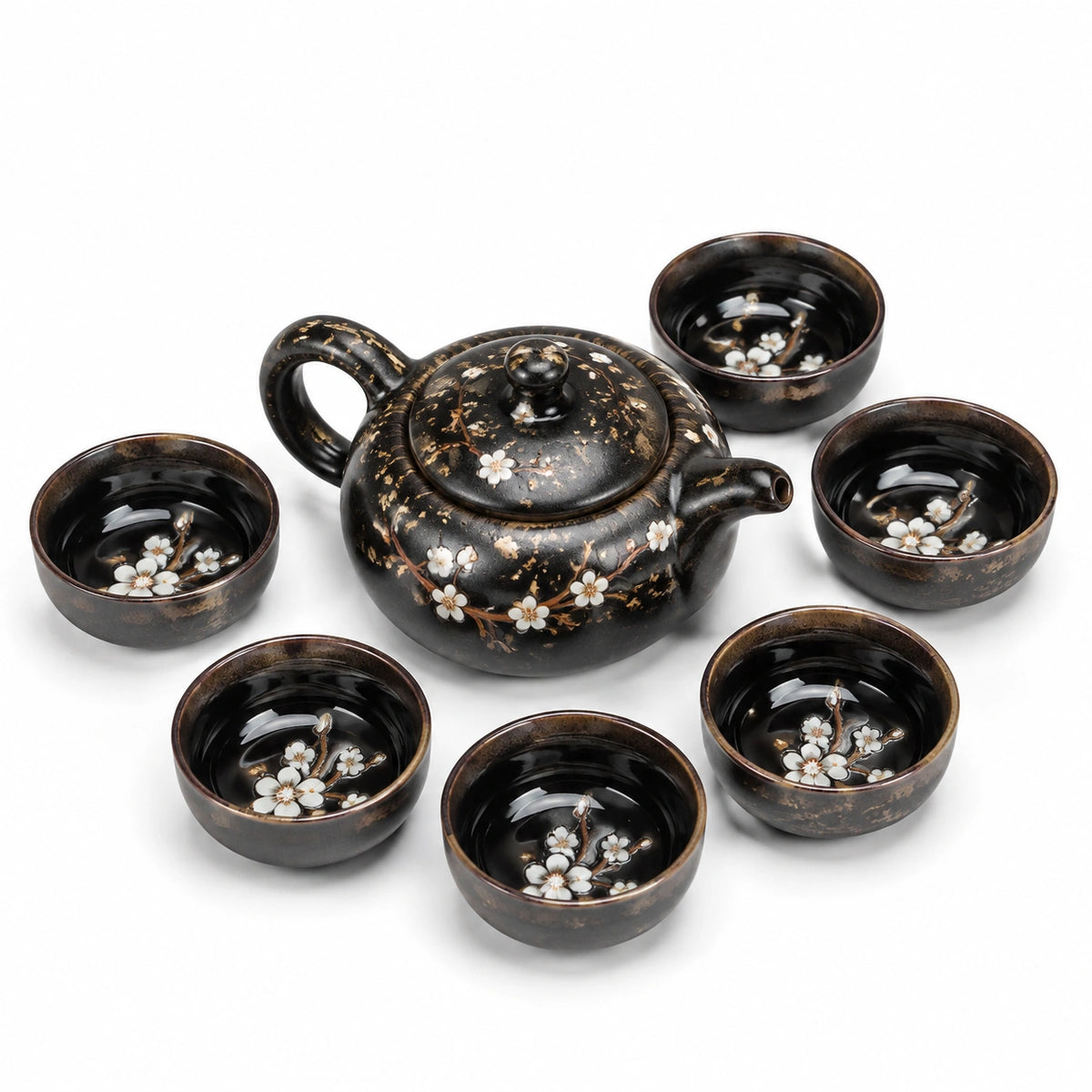 Juego de té de cerámica 900 ml negro floral con tetera y 6 tazas
