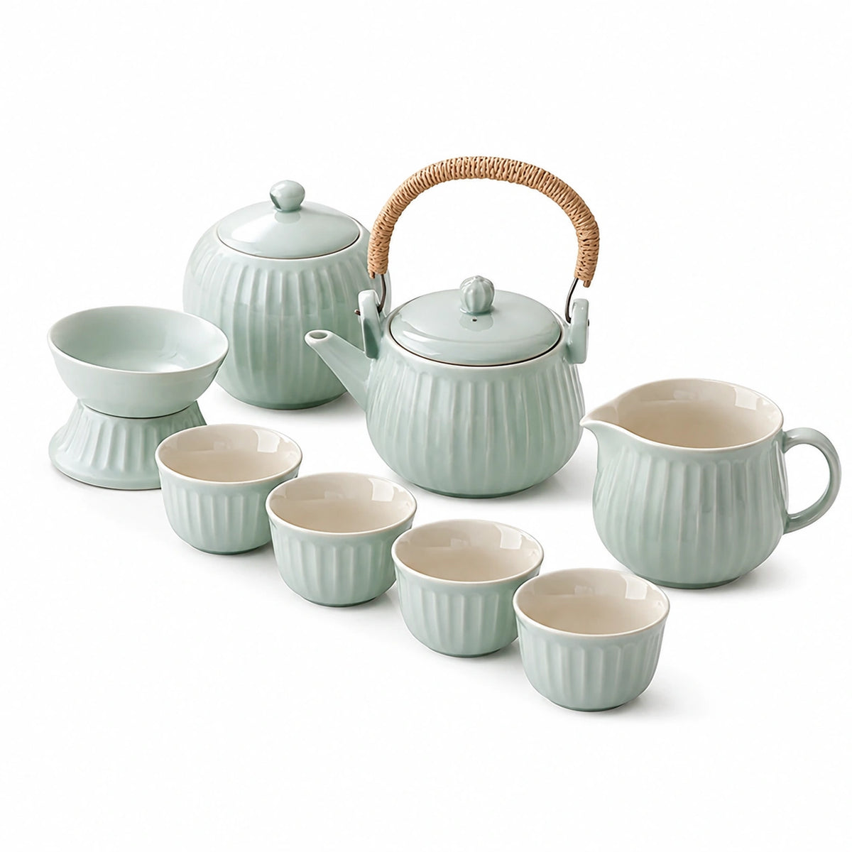Juego de té de cerámica 8 piezas verde agua con tetera de 28 cm y asas de ratán