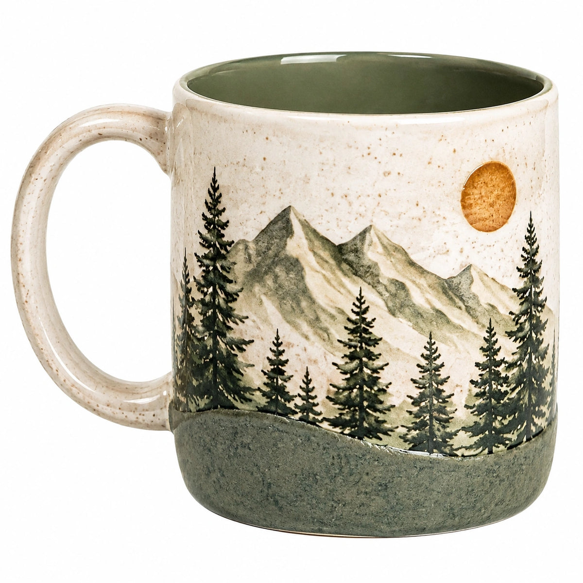 Taza de cerámica 350 ml crema y verde con paisaje de montaña para bebidas calientes estilo rústico