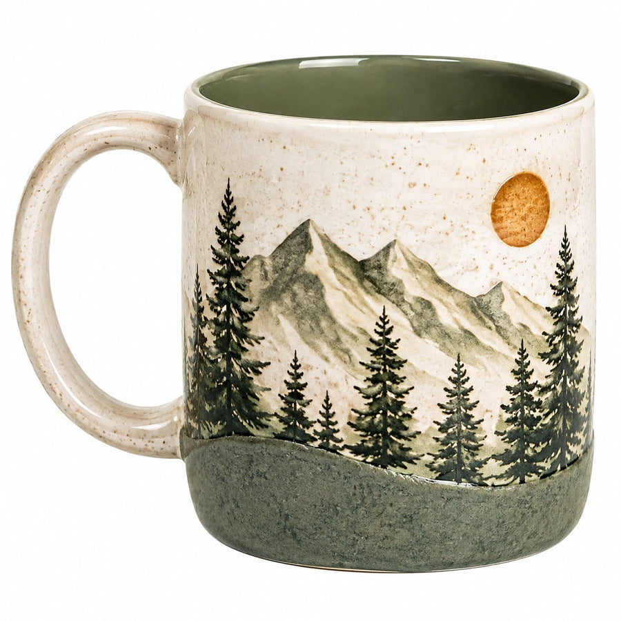 Taza de cerámica 350 ml crema y verde con paisaje de montaña para bebidas calientes estilo rústico