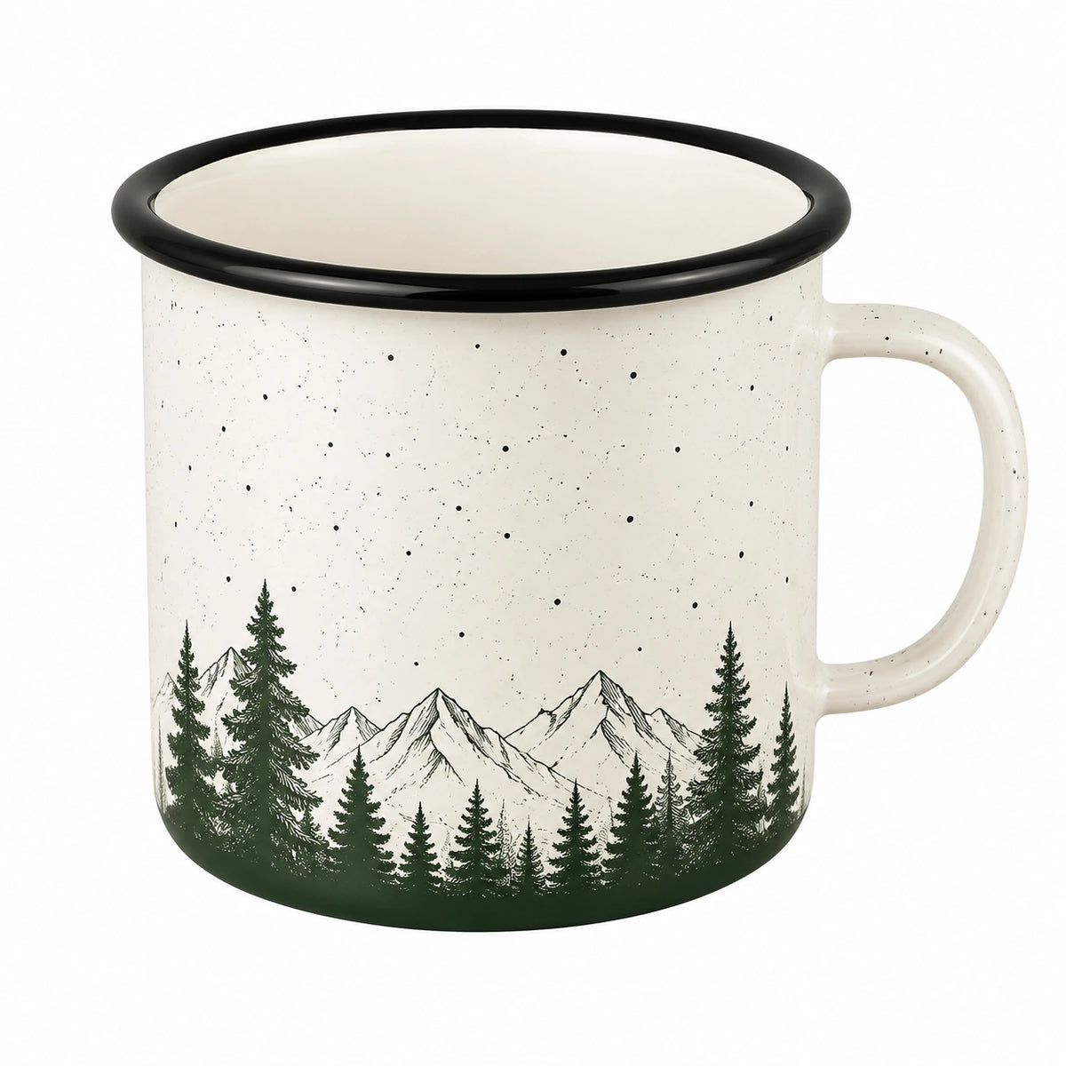 Taza de camping 350 ml 8.5 x 9 cm de acero esmaltado crema negro y verde - diseño de montaña