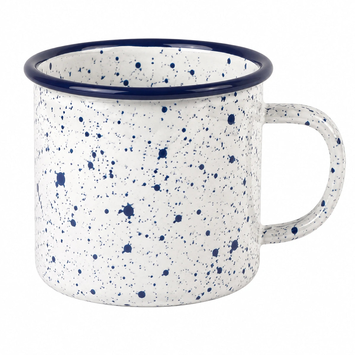 Taza de camping 350 ml de metal esmaltado blanco y azul con asa estilo moteado